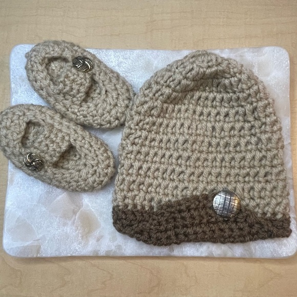 Handmade Other - Handmade Baby Hat & Booties Set (0–5M) – Neutral Beige Brown Crochet
